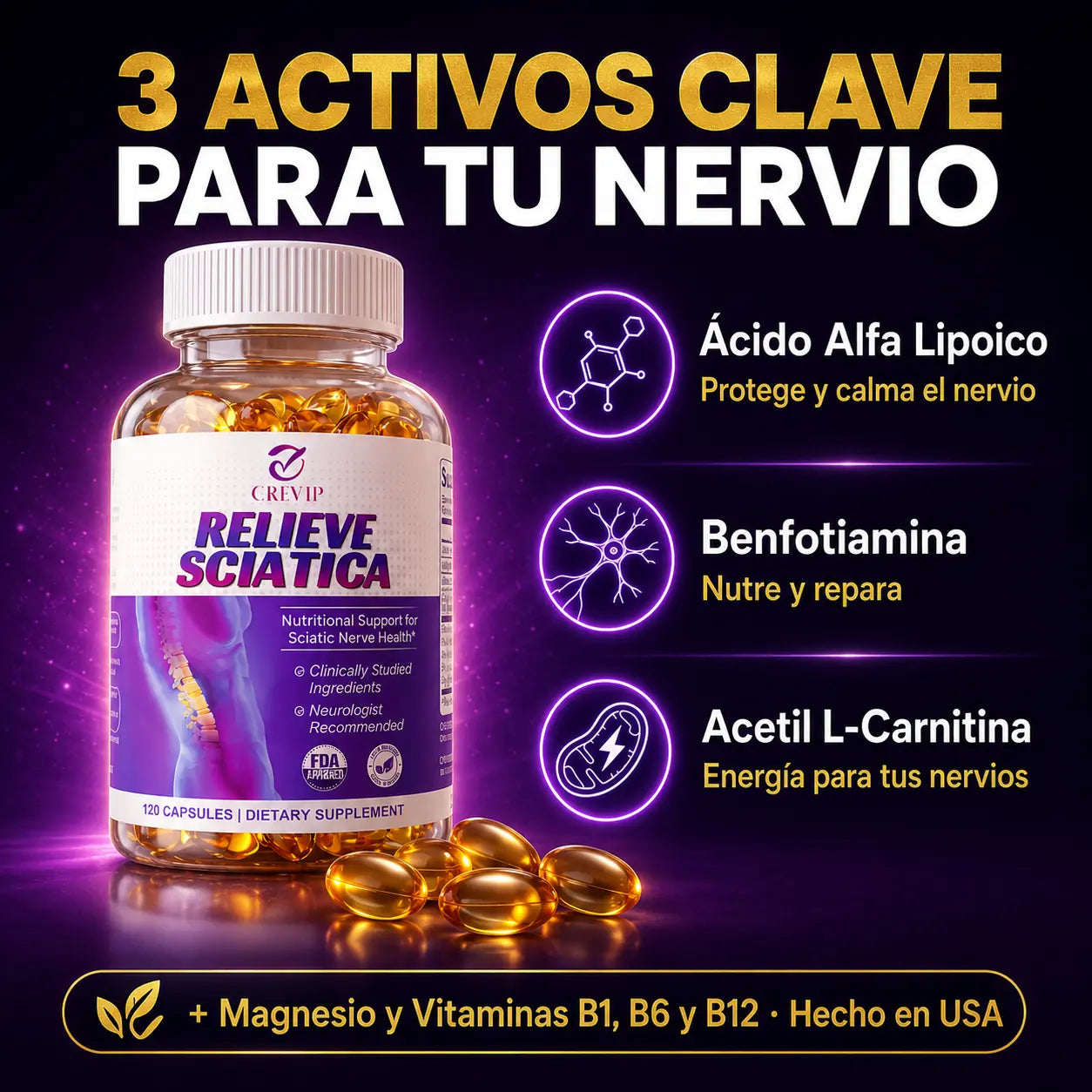 Alivio del Nervio Ciático, Vuelve a moverte sin dolor - 120 CAPS NERVE HEALTH